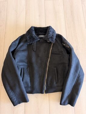 No Faith Studios Black Shearling Collar Moto Jacket